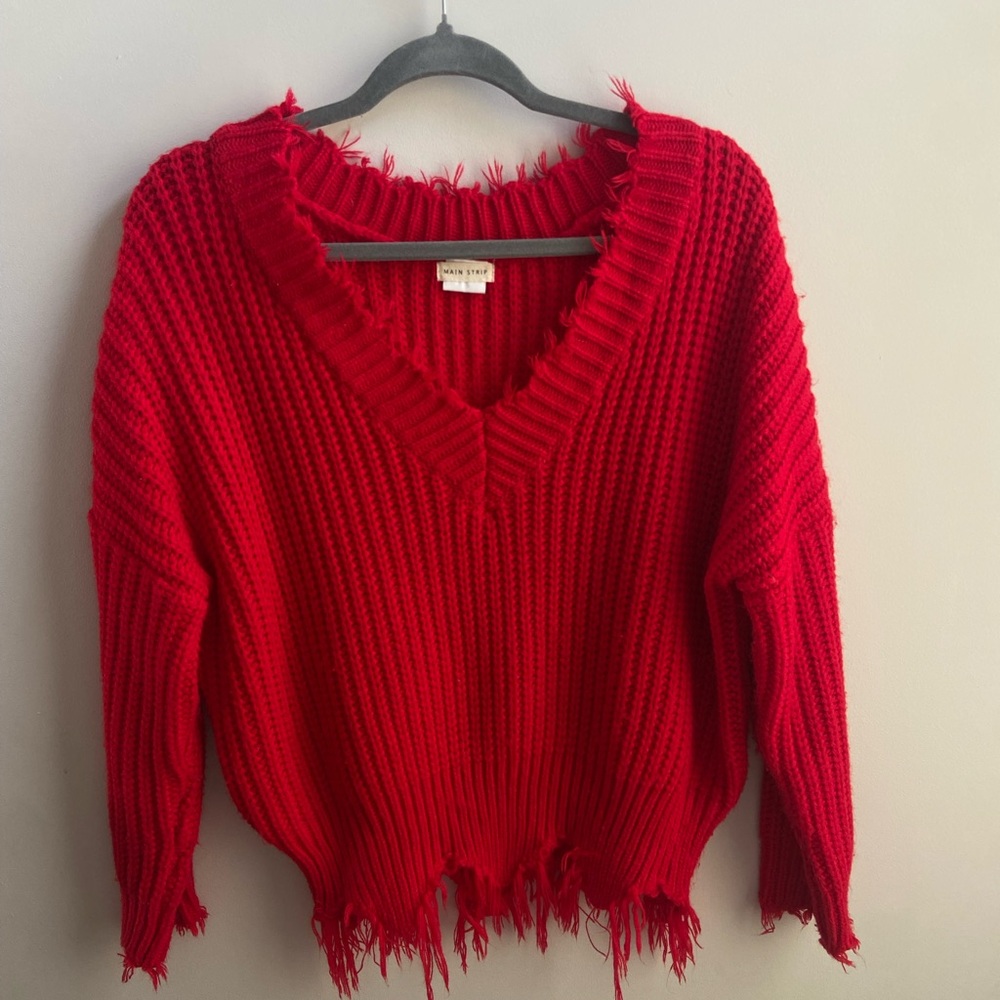 Main Strip Cherry Red V-Neck Sweater